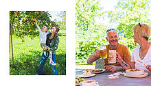Auf der linken Seite hebt ein Kind einen Arm, um eine Frucht vom Baum zu erreichen, während eine Frau ihn stützt. Auf der rechten Seite sitzen zwei Personen an einem Tisch mit Essen und Getränken und lächeln einander an, während eine Person ein Bierglas hochhält.
