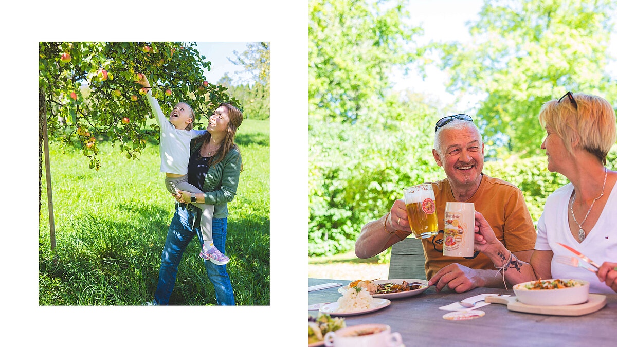 Auf der linken Seite hebt ein Kind einen Arm, um eine Frucht vom Baum zu erreichen, während eine Frau ihn stützt. Auf der rechten Seite sitzen zwei Personen an einem Tisch mit Essen und Getränken und lächeln einander an, während eine Person ein Bierglas hochhält.
