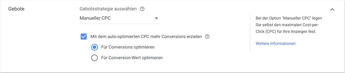 Google Shopping Kampagne Gebotsstrategie In den Einstellungen der Google Shopping Kampagne wurde beispielhaft manueller CPC gewählt.