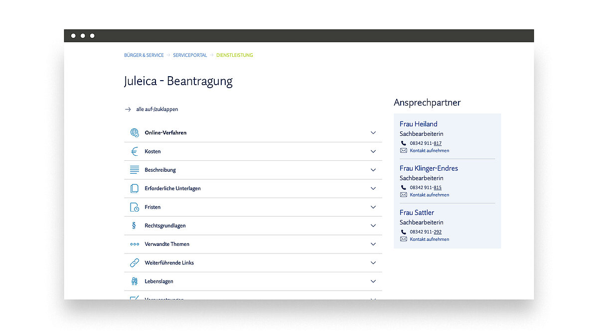 Screenshot einer Website zur Beantragung von Julica. Auf der linken Seite sind verschiedene Aufgaben wie "Online-Portal", "Kosen" und "Antragstellung" aufgelistet. Rechts sind Ansprechpartner mit Namen und Kontaktdaten aufgeführt.