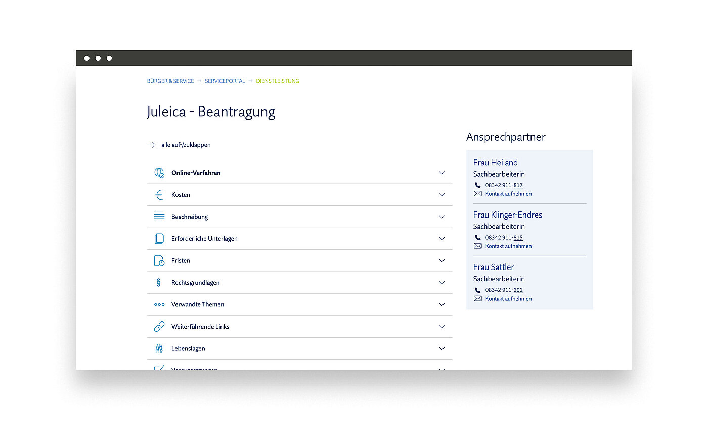Screenshot einer Website zur Beantragung von Julica. Auf der linken Seite sind verschiedene Aufgaben wie "Online-Portal", "Kosen" und "Antragstellung" aufgelistet. Rechts sind Ansprechpartner mit Namen und Kontaktdaten aufgeführt.