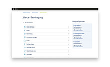 Screenshot einer Website zur Beantragung von Julica. Auf der linken Seite sind verschiedene Aufgaben wie "Online-Portal", "Kosen" und "Antragstellung" aufgelistet. Rechts sind Ansprechpartner mit Namen und Kontaktdaten aufgeführt.