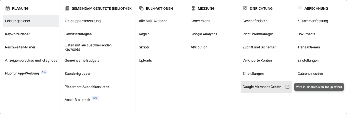 Menü Übersicht Google Ads Zu sehen ist die Menü Übersicht in Google Ads