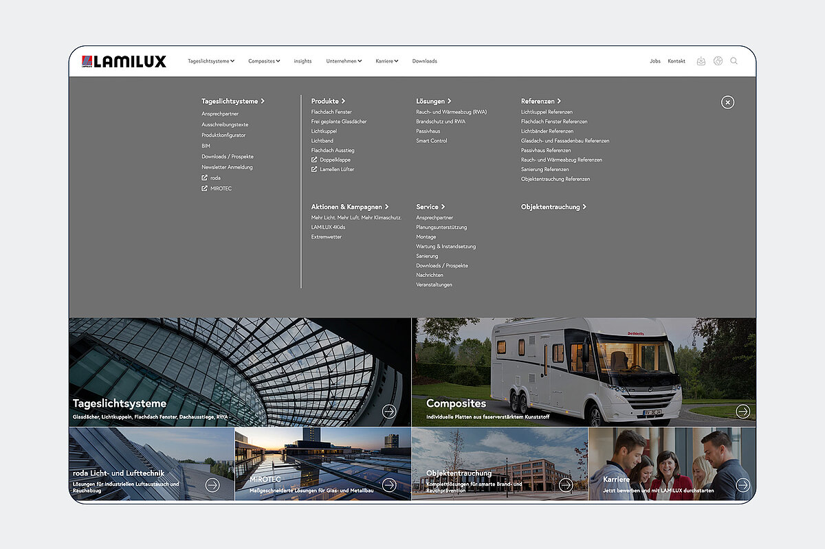Facelift Lamilux Zu sehen ist ein Bild vom Facelift der Lamilux Website.