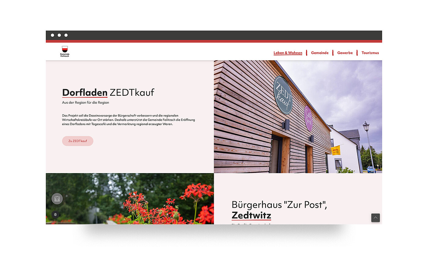 Eine Webseite mit Informationen über den Dorfladen ZEDTkauf und das Bürgerhaus "Zur Post" in Zedtwitz. Die Seite enthält Bilder von der Außenansicht des Ladens, der aus Holz besteht, sowie einen Hinweis auf regionales Engagement und dienstleistende Angebote.