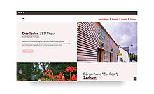Eine Webseite mit Informationen über den Dorfladen ZEDTkauf und das Bürgerhaus "Zur Post" in Zedtwitz. Die Seite enthält Bilder von der Außenansicht des Ladens, der aus Holz besteht, sowie einen Hinweis auf regionales Engagement und dienstleistende Angebote.