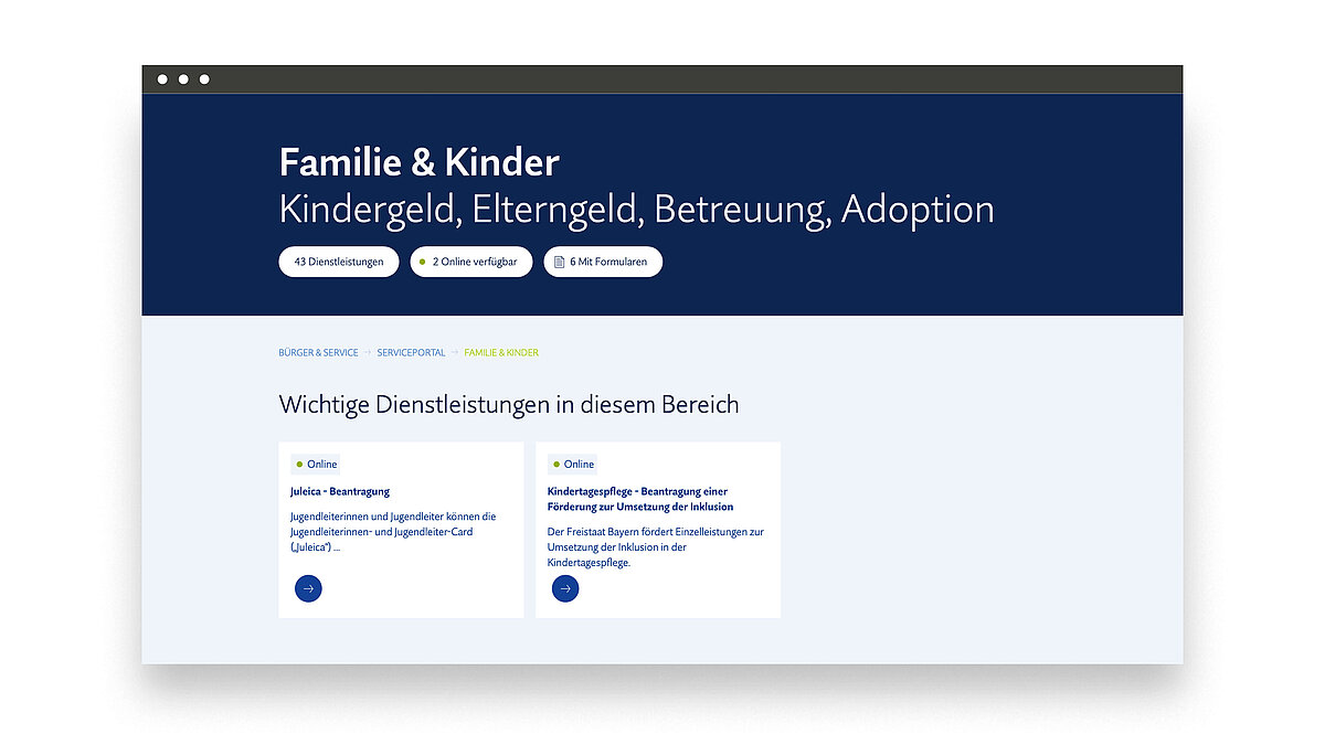 Website-Layout mit dem Titel "Familie & Kinder", das Informationen zu Kindergeld, Elterngeld, Betreuung und Adoption bietet. Unter dem Titel sind zwei hervorgehobene Dienste, jeweils mit einer kurzen Beschreibung und einem Online-Zugang. Die Farbgestaltung ist in Blau- und Weißtönen gehalten.