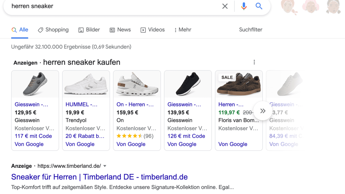 Google Shopping Anzeigen in Google Google Shopping Anzeigen für Herren Sneaker direkt in der Google Suche