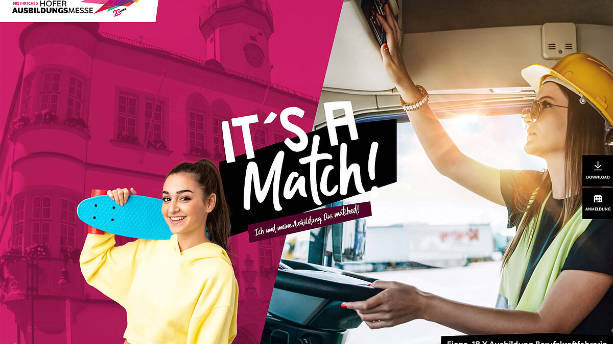 Zu sehen ist ein Bild zur 20. Hofer Ausbildungsmesse mit dem Slogan "It's a match"