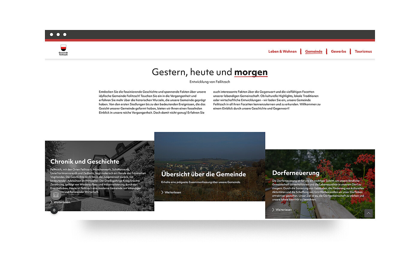 Website-Layout mit dem Titel „Gestern, heute und morgen“. Es werden drei Karten angezeigt: „Chronik und Geschichte“, „Übersicht über die Gemeinde“ und „Dorferneuerung“. Jede Karte hat eine eigene kurze Beschreibung und einen visuellen Hintergrund.