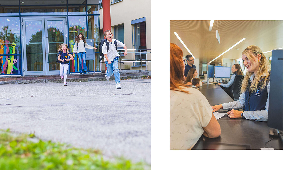 Zwei Teile eines Bildes: Links rennen Kinder zur Schule, während eine Frau im Hintergrund steht. Rechts ist eine junge Frau an einem Schalter zu sehen, die lächelt und mit einer anderen Person spricht.