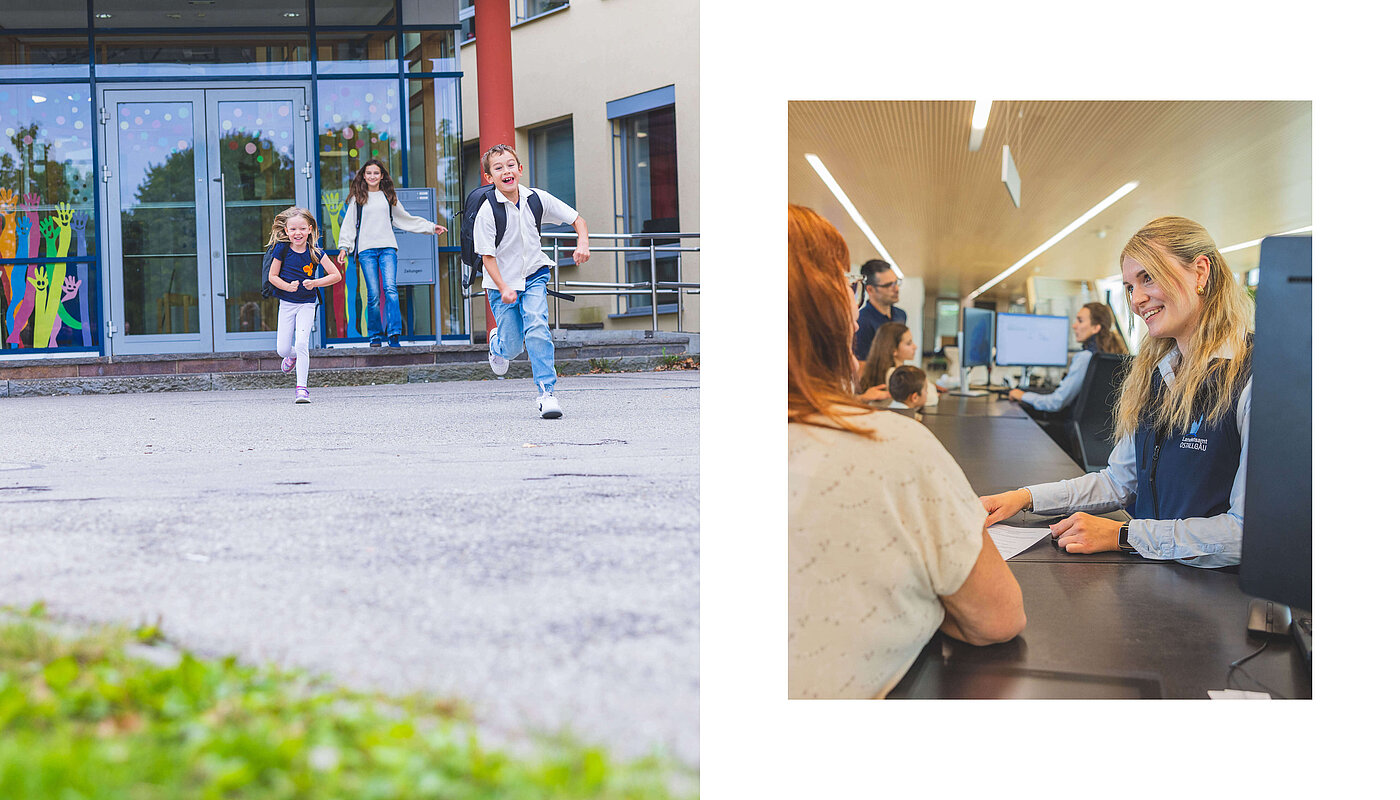 Zwei Teile eines Bildes: Links rennen Kinder zur Schule, während eine Frau im Hintergrund steht. Rechts ist eine junge Frau an einem Schalter zu sehen, die lächelt und mit einer anderen Person spricht.