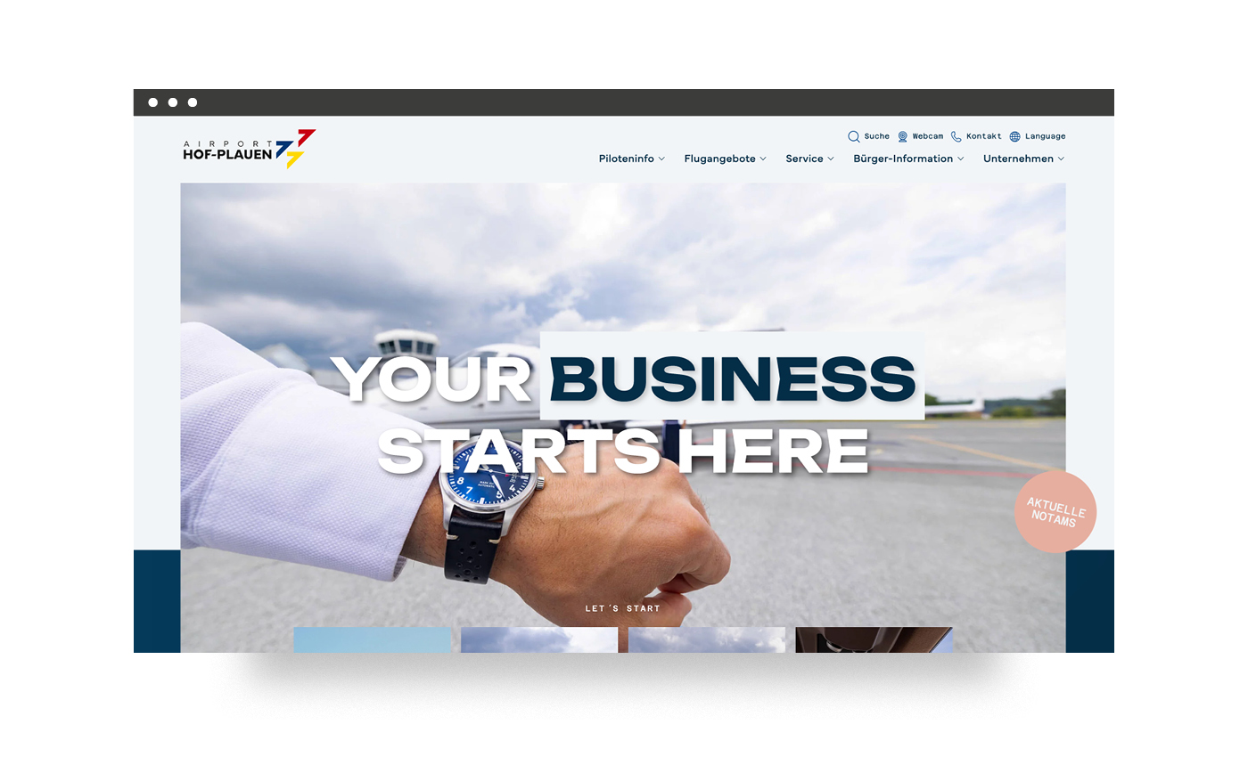Das Bild zeigt einen Ausschnitt der Startseite des neuen Internet-Auftritts des Airport Hof-Plauen